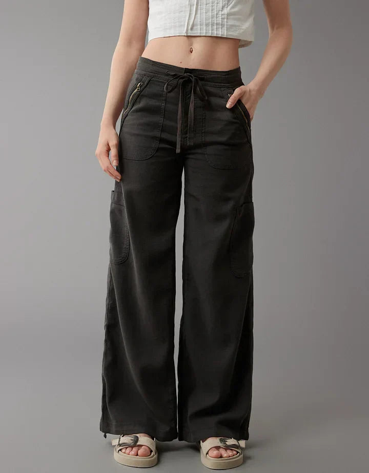 Linen-Blend Wide-Leg Cargo Pant