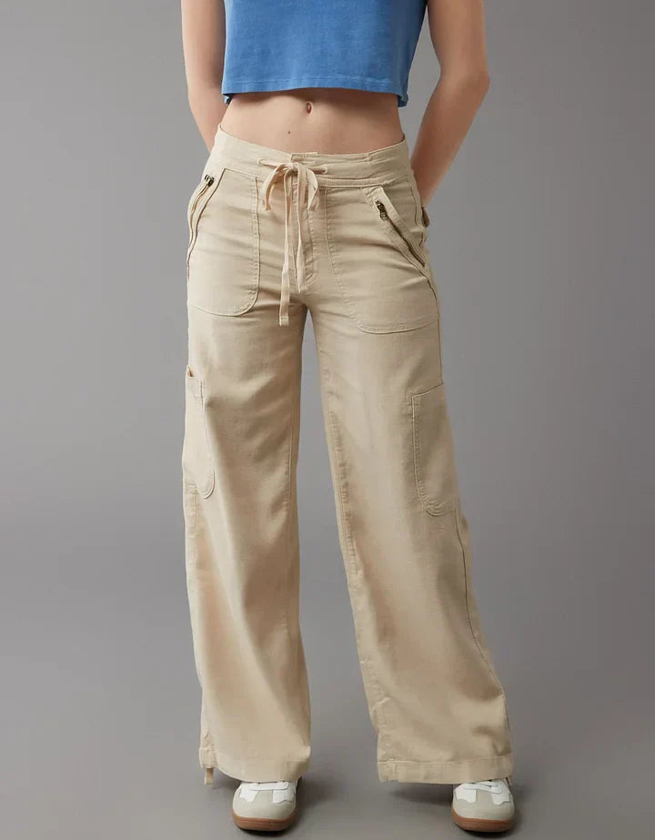 Linen-Blend Wide-Leg Cargo Pant