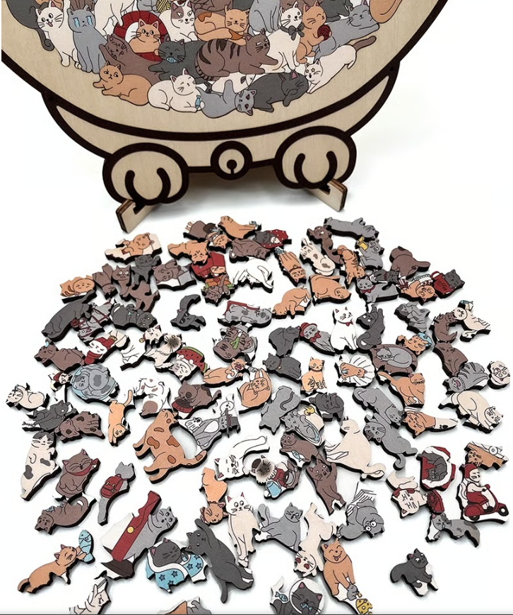 135-Piece Morandi-Colored Cat Shaped Wooden Jigsaw Puzzle