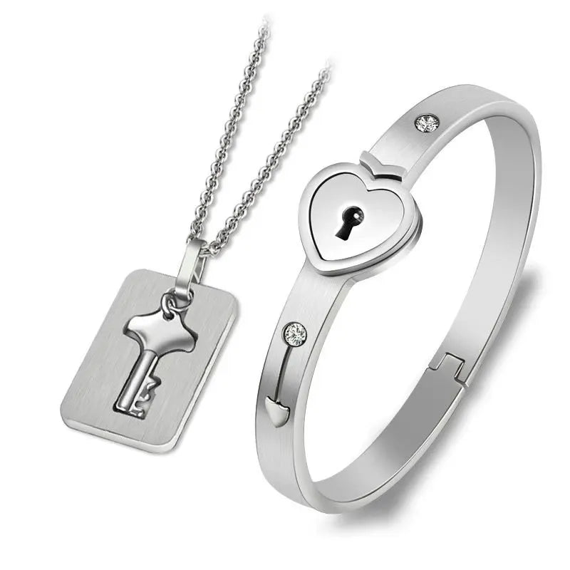 Lock Bracelet and Key Necklace Set