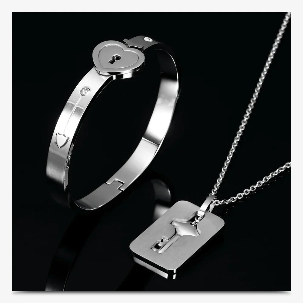 Lock Bracelet and Key Necklace Set
