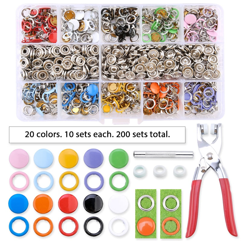 Metal Snaps Buttons With Fastener Pliers Press Tool Kit (10 Colors,9.5mm)