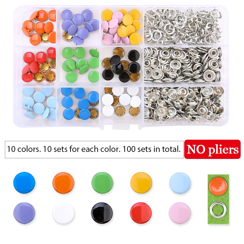 Metal Snaps Buttons With Fastener Pliers Press Tool Kit (10 Colors,9.5mm)