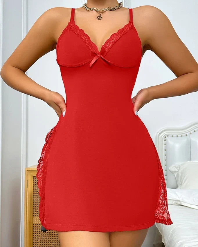 Lace Trim Slit Bowknot Decor Sleep Dress