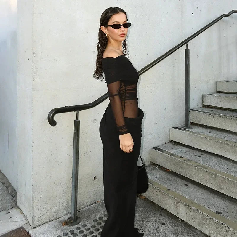 Make you the focus of the party,Plain Off Shoulder Ruched Sheer Mesh Dress, Elegant Long Sleeve Long Dress for Party Banquet