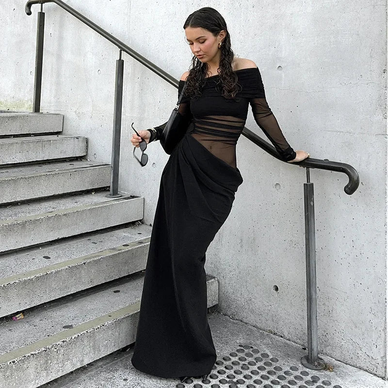 Make you the focus of the party,Plain Off Shoulder Ruched Sheer Mesh Dress, Elegant Long Sleeve Long Dress for Party Banquet