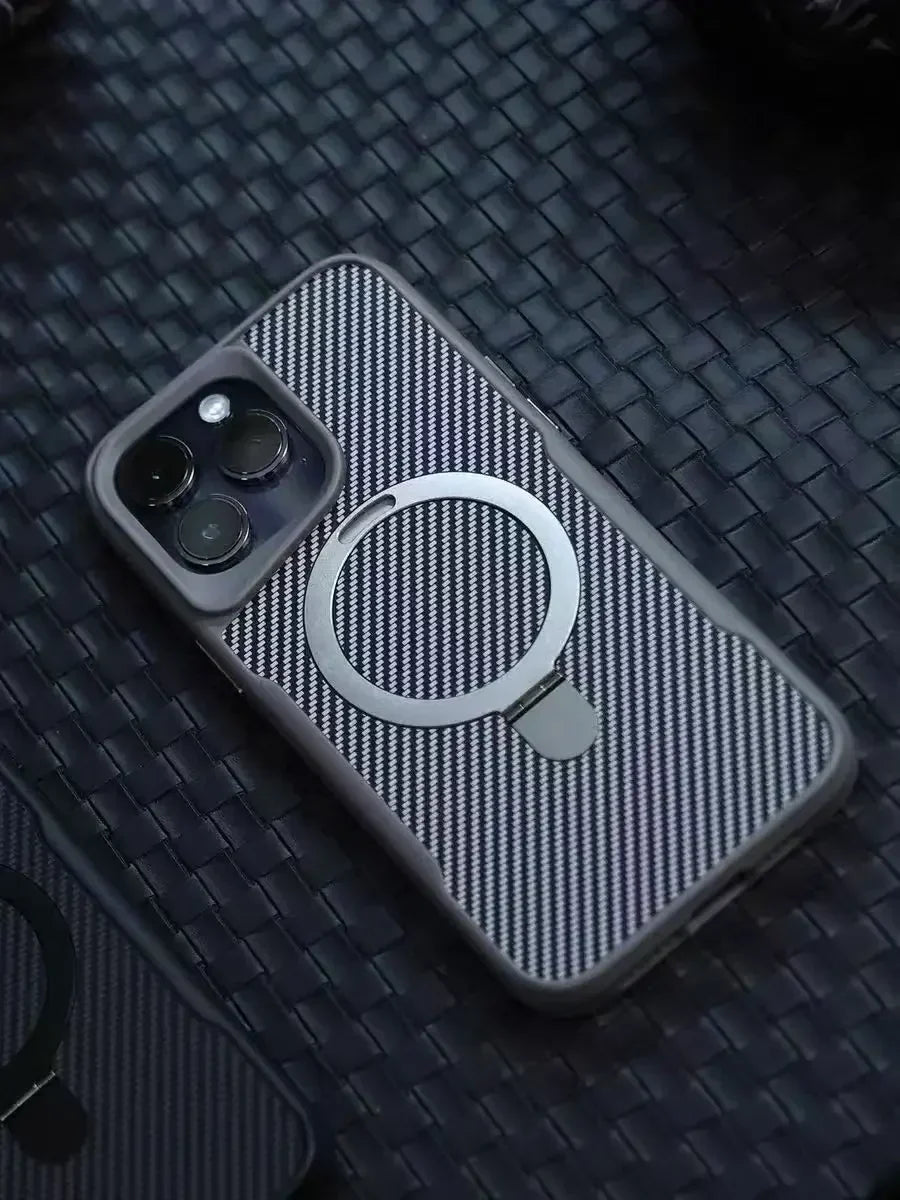 Magnetic Carbon Fiber Pattern Aluminum Alloy Holder Phone Case for iPhone