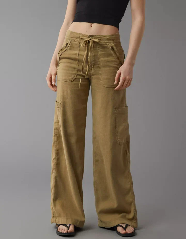 Linen-Blend Wide-Leg Cargo Pant