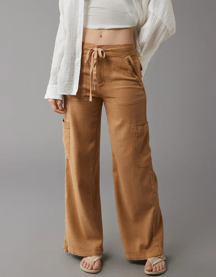 Linen-Blend Wide-Leg Cargo Pant