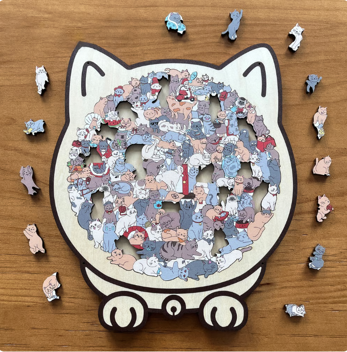 135-Piece Morandi-Colored Cat Shaped Wooden Jigsaw Puzzle