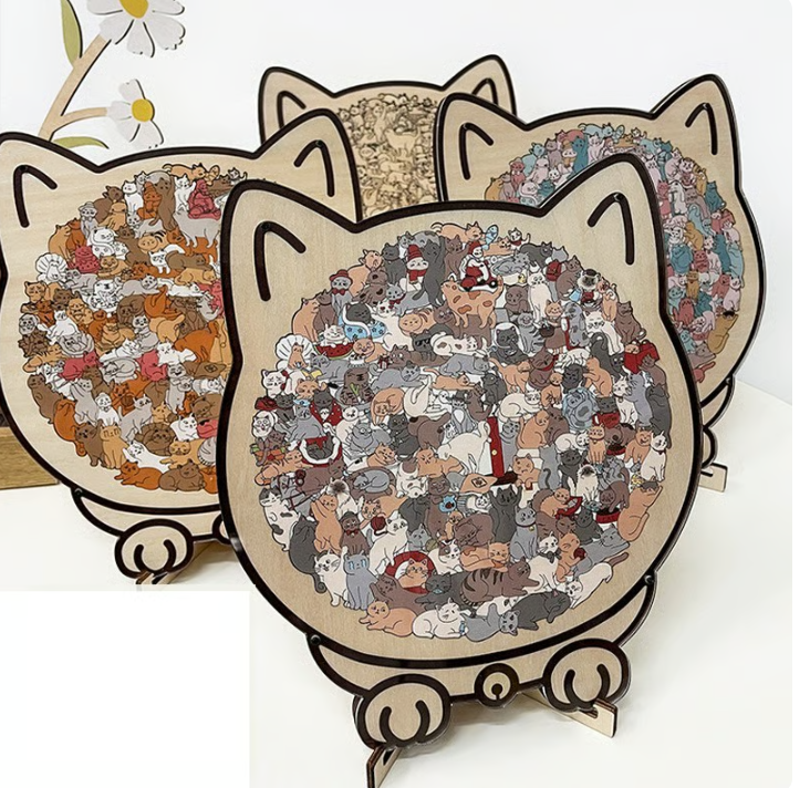 135-Piece Morandi-Colored Cat Shaped Wooden Jigsaw Puzzle