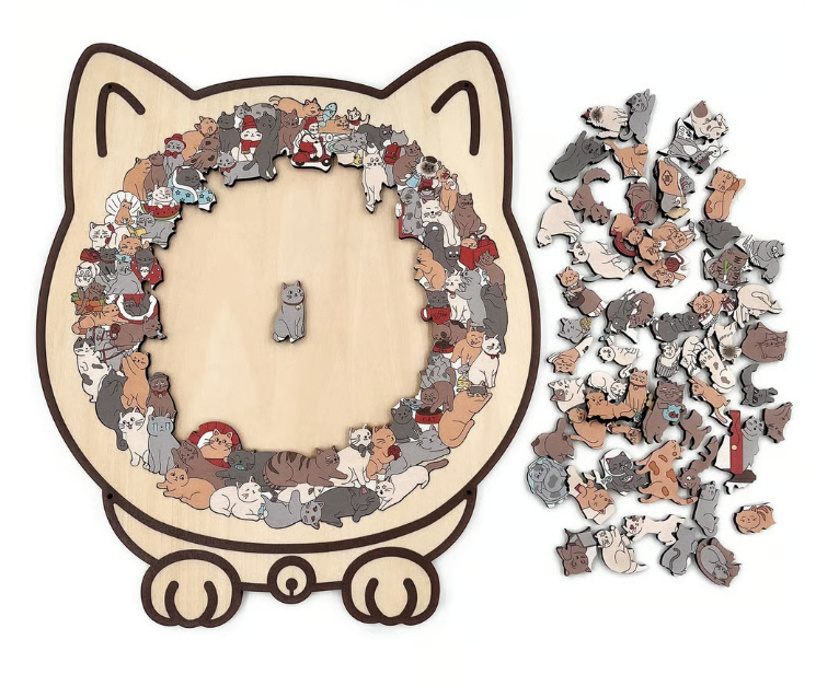 135-Piece Morandi-Colored Cat Shaped Wooden Jigsaw Puzzle