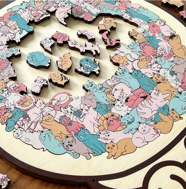 135-Piece Morandi-Colored Cat Shaped Wooden Jigsaw Puzzle