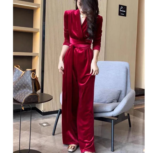 Luxurious Red Satin Jumpsuit with Buttoned Waist