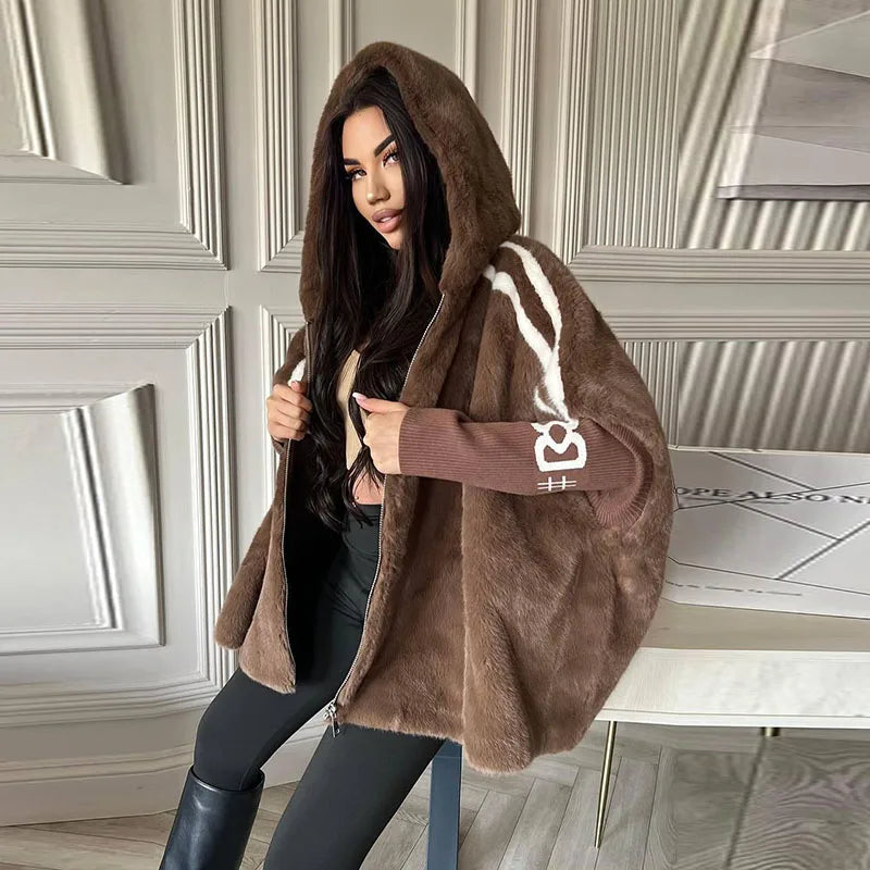 Women Plush Hooded Vertical Stripe Printed Casual Coat