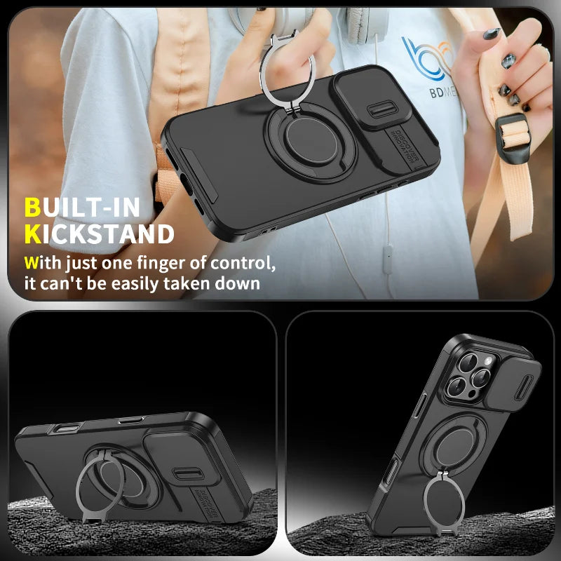 Case with Slide Camera Cover & Rotatable Ring Kickstand, Grade Shockproof Protective Case for iPhone 11/12/13/14/15/16/17 Series