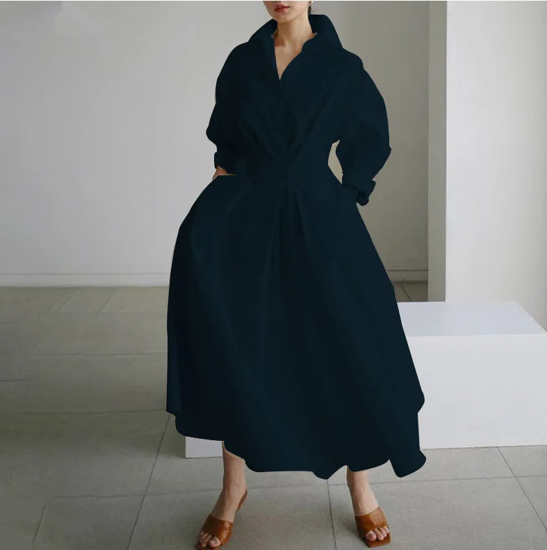 Women's Plain Lapel Shirt Wrap Dress