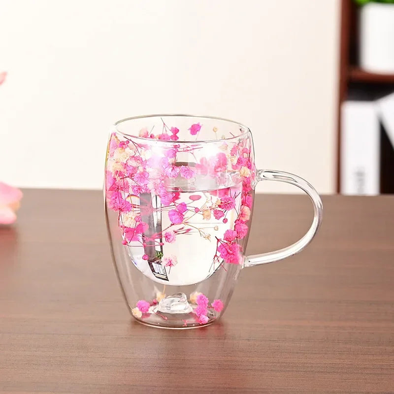 Transparent Double Glass Flower Tea Cup 350 ml