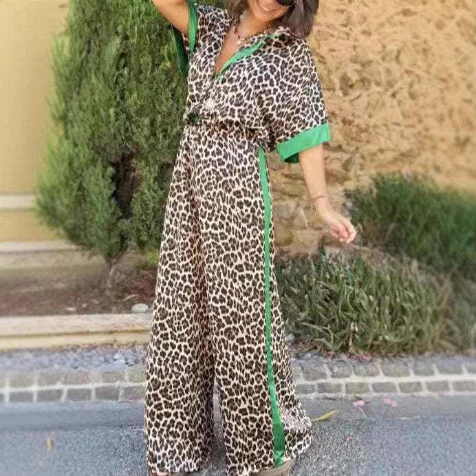 Leopard Print Color Block Short Sleeve Loose Shirt and Elastic Waist Pocket Pants Set