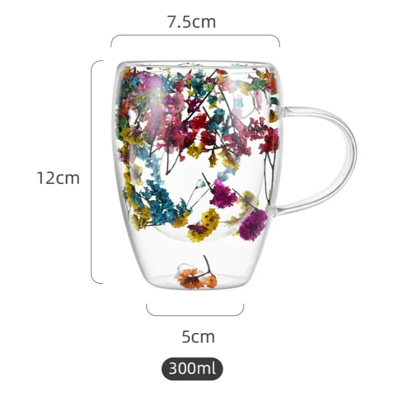Transparent Double Glass Flower Tea Cup 350 ml