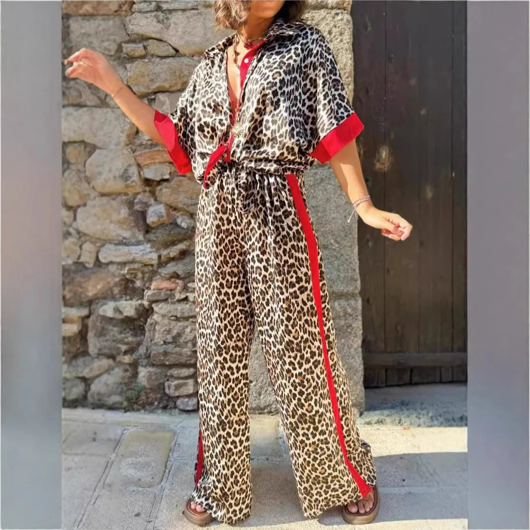 Leopard Print Color Block Short Sleeve Loose Shirt and Elastic Waist Pocket Pants Set