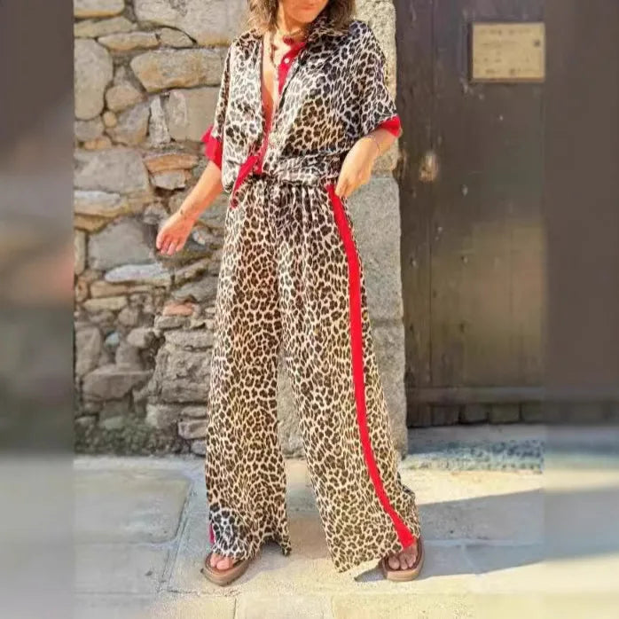 Leopard Print Color Block Short Sleeve Loose Shirt and Elastic Waist Pocket Pants Set