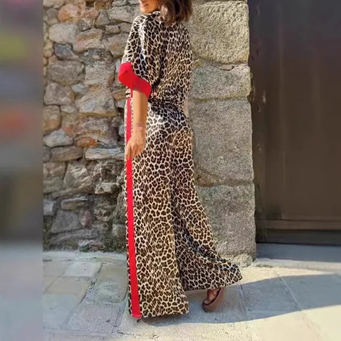 Leopard Print Color Block Short Sleeve Loose Shirt and Elastic Waist Pocket Pants Set