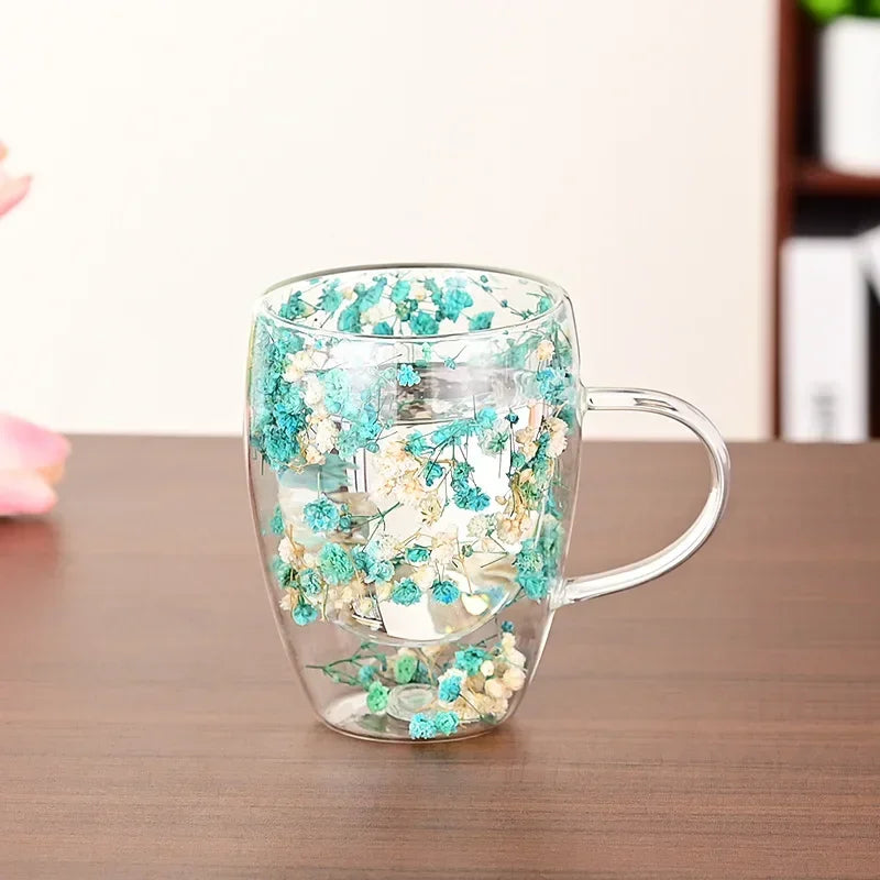 Transparent Double Glass Flower Tea Cup 350 ml