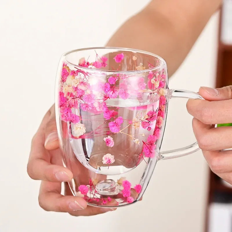Transparent Double Glass Flower Tea Cup 350 ml