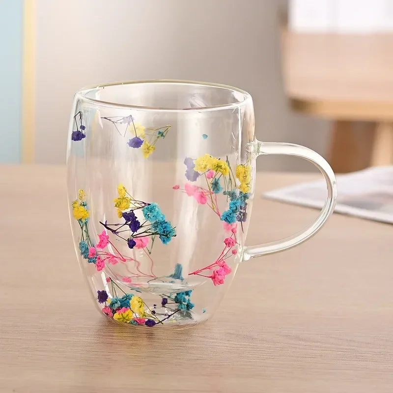 Transparent Double Glass Flower Tea Cup 350 ml