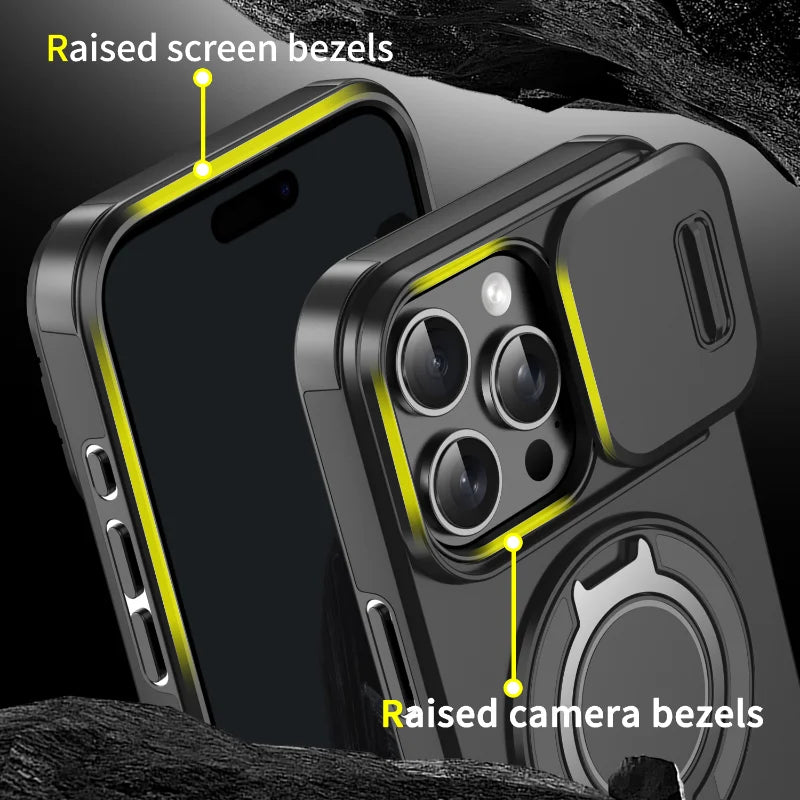 Case with Slide Camera Cover & Rotatable Ring Kickstand, Grade Shockproof Protective Case for iPhone 11/12/13/14/15/16/17 Series