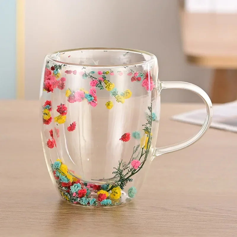 Transparent Double Glass Flower Tea Cup 350 ml