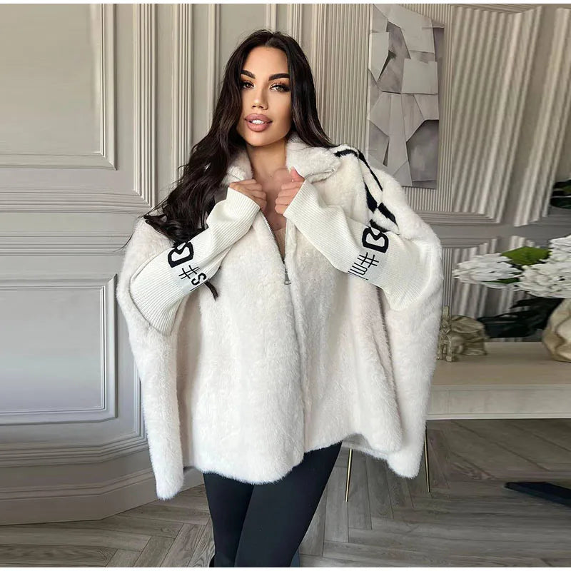 Women Plush Hooded Vertical Stripe Printed Casual Coat