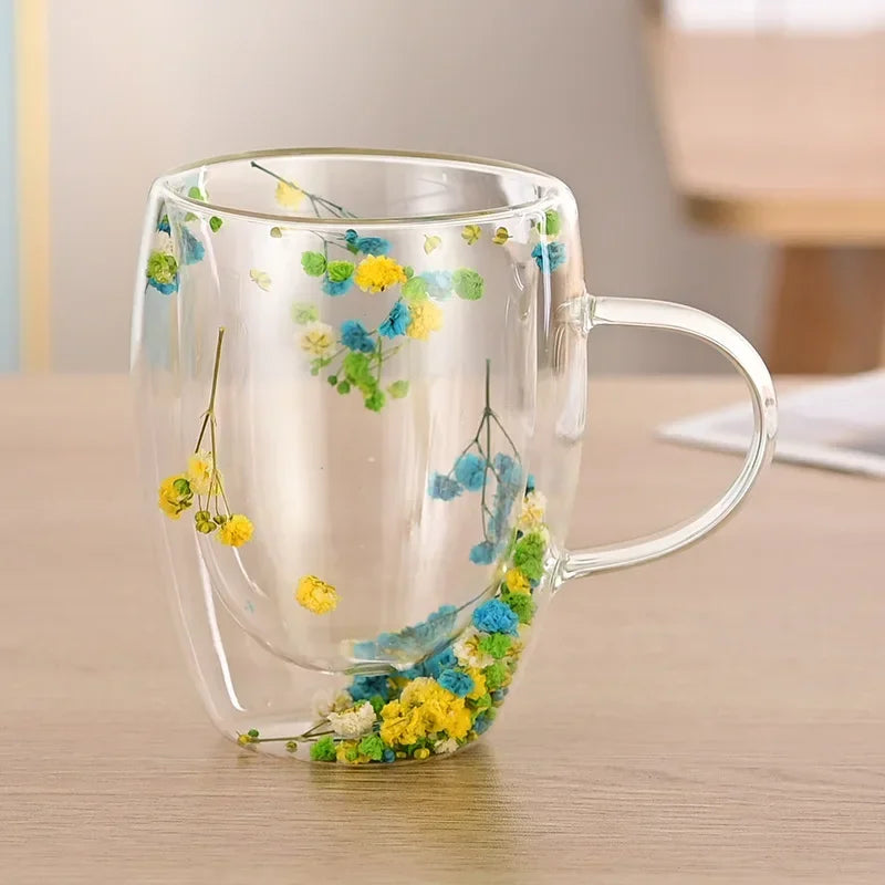Transparent Double Glass Flower Tea Cup 350 ml