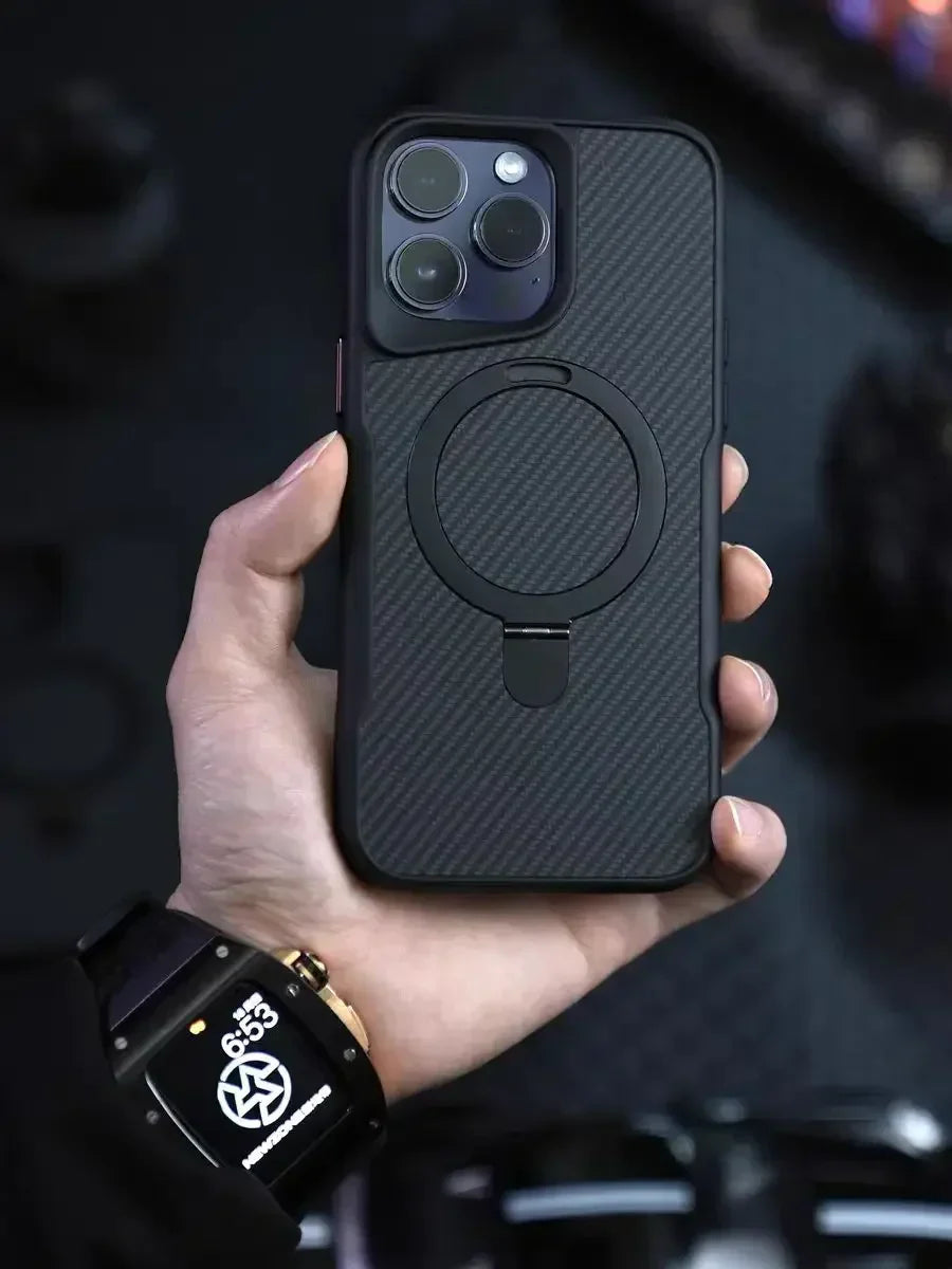 Magnetic Carbon Fiber Pattern Aluminum Alloy Holder Phone Case for iPhone