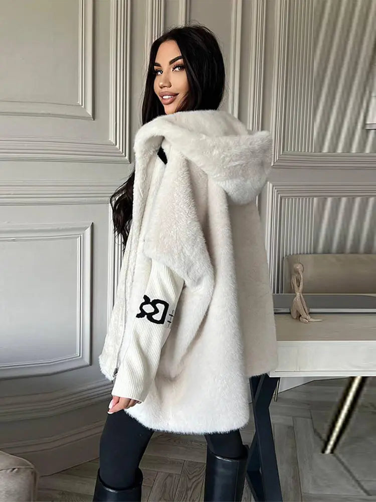 Women Plush Hooded Vertical Stripe Printed Casual Coat