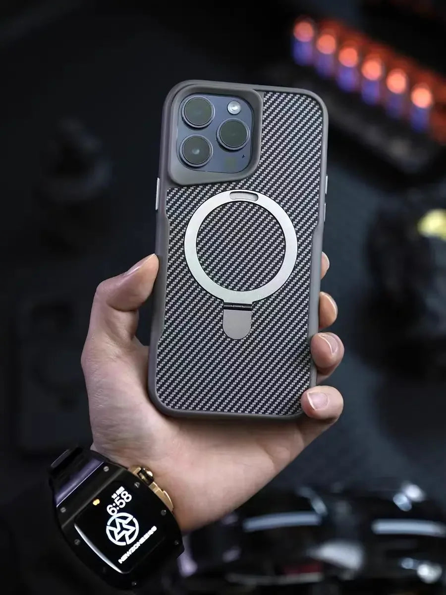Magnetic Carbon Fiber Pattern Aluminum Alloy Holder Phone Case for iPhone