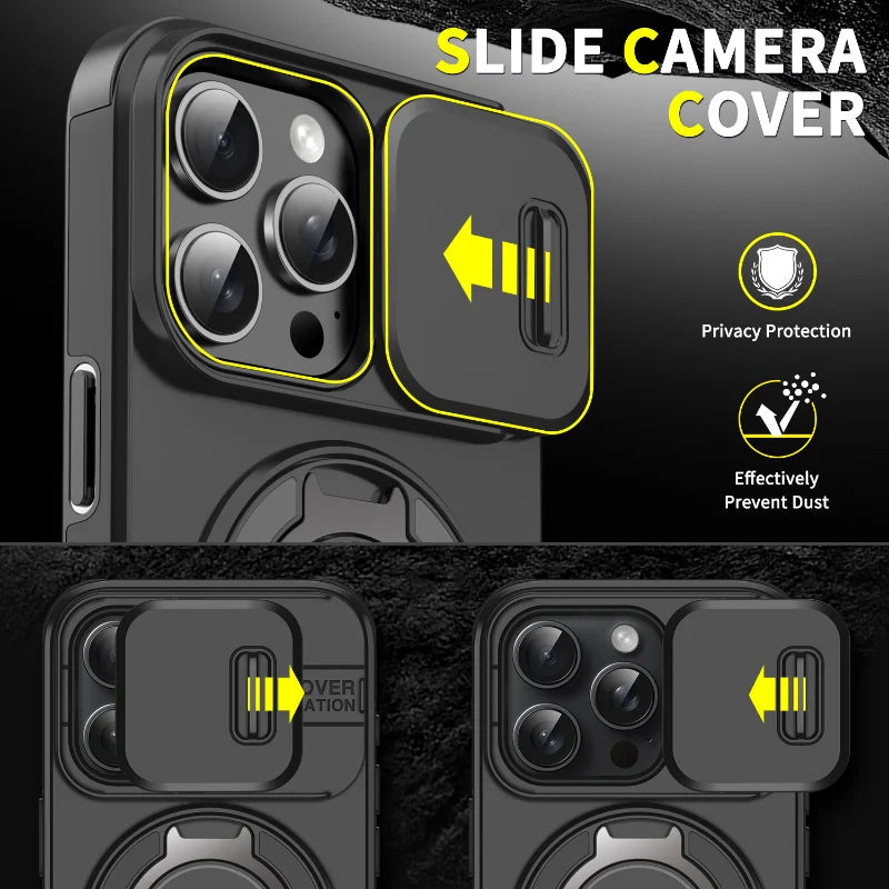 Case with Slide Camera Cover & Rotatable Ring Kickstand, Grade Shockproof Protective Case for iPhone 11/12/13/14/15/16/17 Series