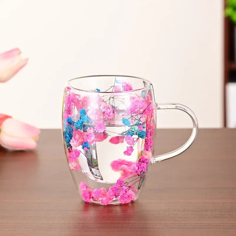 Transparent Double Glass Flower Tea Cup 350 ml