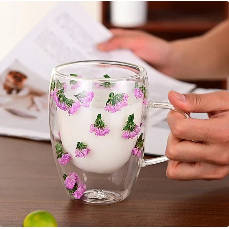 Transparent Double Glass Flower Tea Cup 350 ml