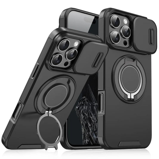 Case with Slide Camera Cover & Rotatable Ring Kickstand, Grade Shockproof Protective Case for iPhone 11/12/13/14/15/16/17 Series