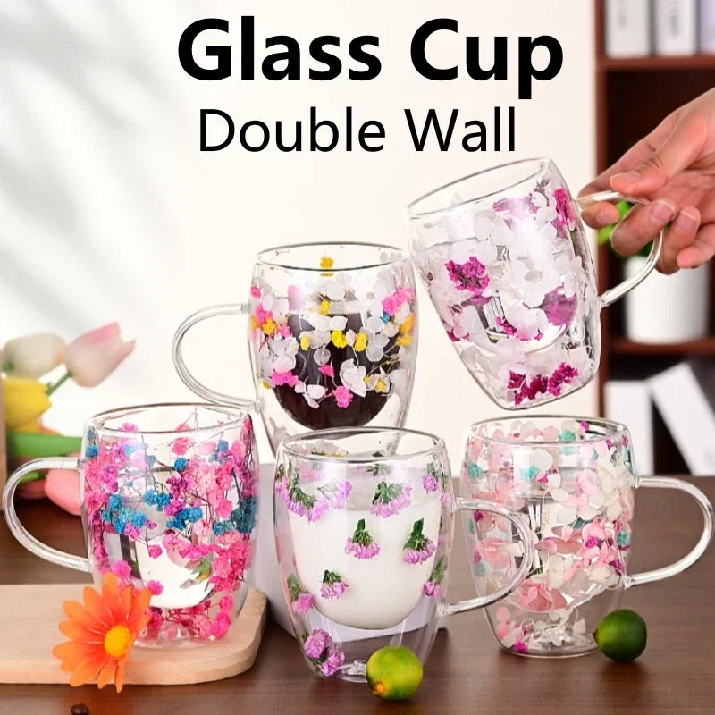 Transparent Double Glass Flower Tea Cup 350 ml