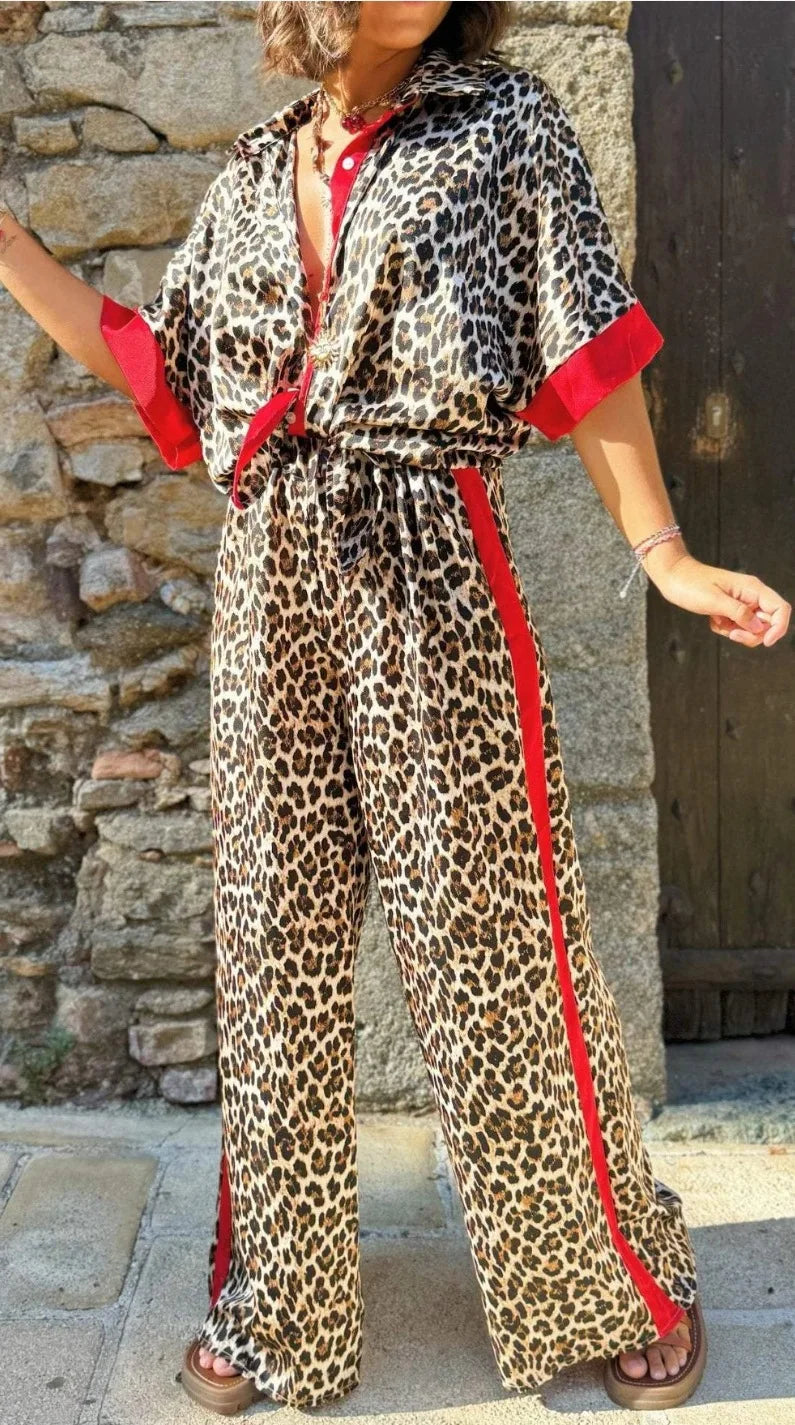 Leopard Print Color Block Short Sleeve Loose Shirt and Elastic Waist Pocket Pants Set