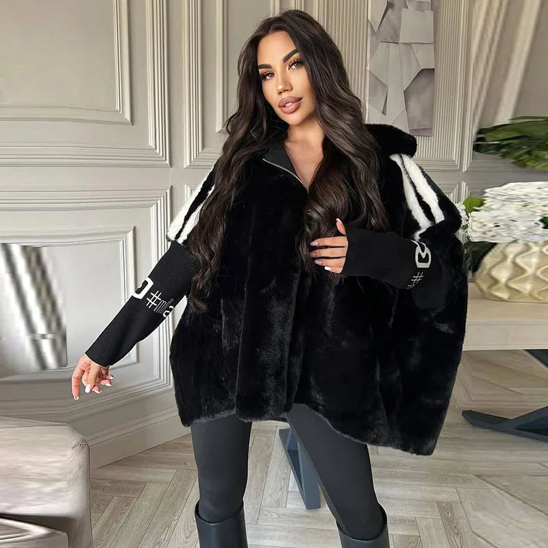 Women Plush Hooded Vertical Stripe Printed Casual Coat