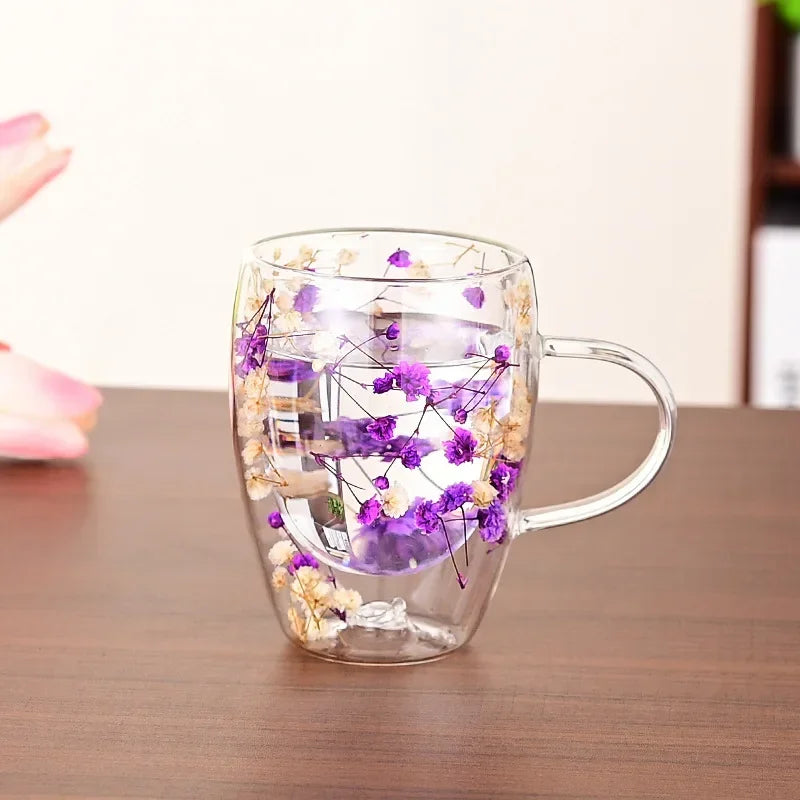 Transparent Double Glass Flower Tea Cup 350 ml