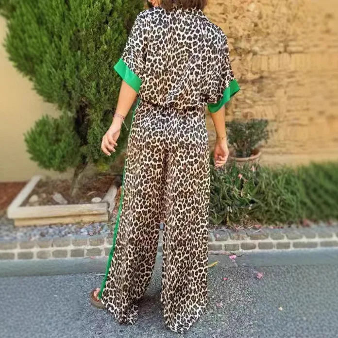 Leopard Print Color Block Short Sleeve Loose Shirt and Elastic Waist Pocket Pants Set