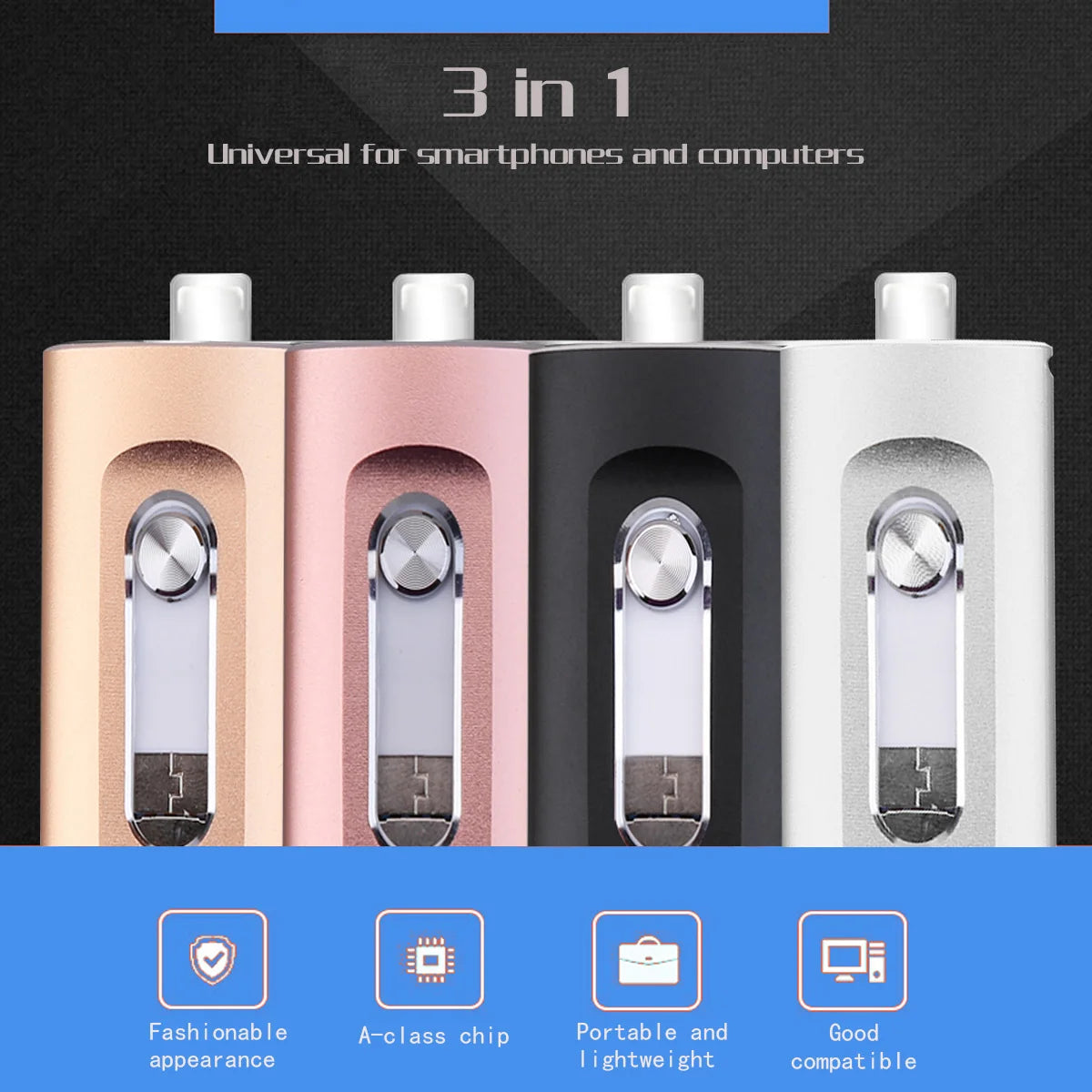 3 in 1 Flash Drive, Portable High Speed USB