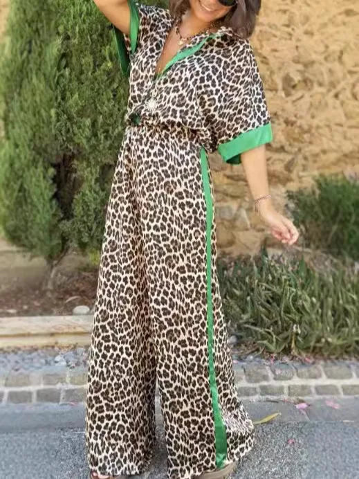 Leopard Print Color Block Short Sleeve Loose Shirt and Elastic Waist Pocket Pants Set