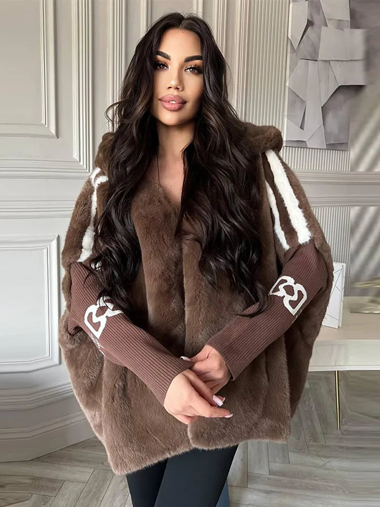 Women Plush Hooded Vertical Stripe Printed Casual Coat