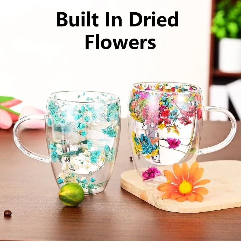 Transparent Double Glass Flower Tea Cup 350 ml